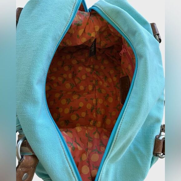 Fossil Blue Canvas Duffel Travel Bag Leather Trim - Picture 10 of 11